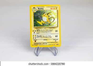 LONDON, UNITED KINGDOM - NOVEMBER 2020: Raichu Pokemon Card Front - The Pokémon Trading Card Game Is A Collectible Card Game, Based On Nintendo's Pokémon Franchise Of Video Games And Anime.