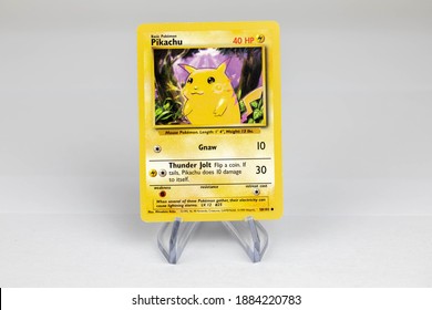 LONDON, UNITED KINGDOM - NOVEMBER 2020: Pikachu Pokemon Card Front - The Pokémon Trading Card Game Is A Collectible Card Game, Based On Nintendo's Pokémon Franchise Of Video Games And Anime.