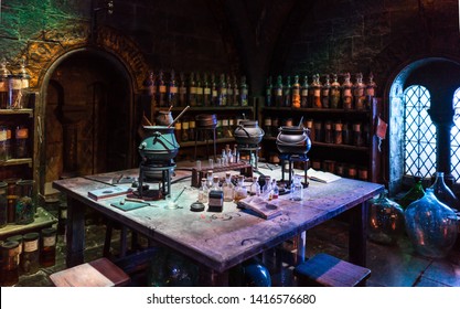 London / United Kingdom - November 23 2017: Warner Bros Harry Potter Studio. Potions Classroom dungeons where professor Snape was the master. Creepy place with the pickled animals floating in jars.