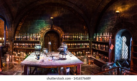 London / United Kingdom - November 23 2017: Warner Bros Harry Potter Studio. Potions Classroom dungeons where professor Snape was the master. Creepy place with the pickled animals floating in jars.