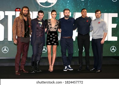 London, United Kingdom - November 4, 2017: Jason Momoa, Ezra Miller, Gal Gadot, Ben Affleck, Ray Fisher and Henry Cavill attend the 'Justice League' photocall at The College in London, England.