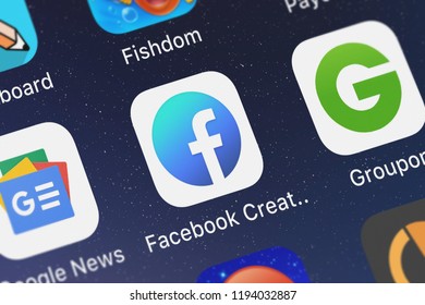 London, United Kingdom - October 01, 2018: Screenshot Of The Facebook Creator Mobile App From Facebook, Inc. Icon On An IPhone.