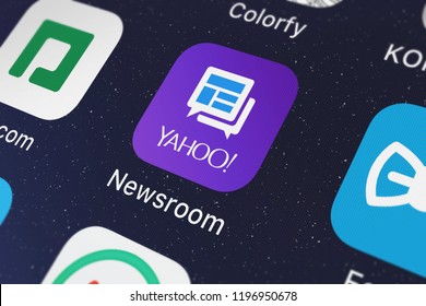 London, United Kingdom - October 01, 2018: Close-up Shot Of The Newsroom - News Worth Sharing Application Icon From Yahoo On An IPhone.