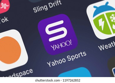 London, United Kingdom - October 01, 2018: The Yahoo Sports: Scores  News Mobile App From Yahoo On An IPhone Screen.