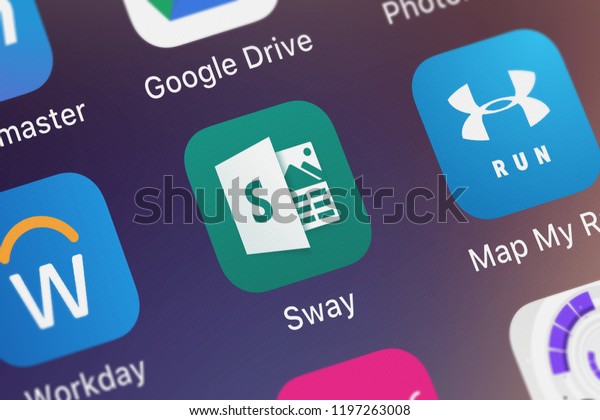 London, United Kingdom - October 01, 2018:\
Screenshot of the Microsoft Sway mobile app from Microsoft\
Corporation icon on an\
iPhone.