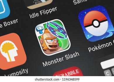 London, United Kingdom - October 05, 2018: Close-up Shot Of Tapps Tecnologia Da Informação Ltda.'s Popular App Monster Slash - Epic Hero Quest To Defeat Evil Creatures.