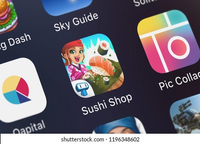 London, United Kingdom - October 05, 2018: Screenshot Of The My Sushi Shop - Japanese Restaurant Manager Game Mobile App From Tapps Tecnologia Da Informação Ltda. Icon On An IPhone.