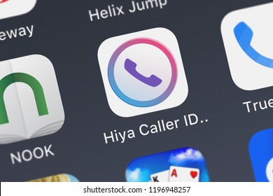 London, United Kingdom - October 05, 2018: Close-up Of The Hiya Caller ID And Block Icon From Hiya On An IPhone.