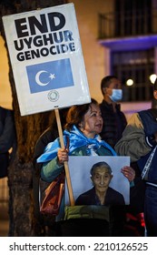 London, United Kingdom - October 1 2022: Rahima Mahmut, UK Director Of The Uyghur World Congress, Protesting Outside The Chinese Embassy With A Placard Reading: 