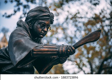 LONDON, UNITED KINGDOM - OCTOBER 2020: Harry Potter Statue In Leicester Square, Central London. Scenes In The Square Unveils Icons From A Century Of Cinema With An Interactive Statue Trail.