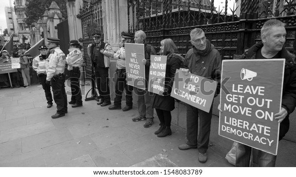 LONDON,\
UNITED KINGDOM. OCTOBER 30 2019. Brexit demonstration banners stay\
or leave at Westminster 6  black & white.\
