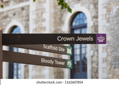 London, United Kingdom - October 4 2013:  London, UK: Fingerpost To Crown Jewels, Scaffold Site And Bloody Tower At The Tower Of London