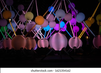 London, United Kingdom On 91st January 2020. The Canary Wharf Winter Lights, This Wonderful Peice Of Art Represents The Brains Neural Network And Is Called The Affinity.