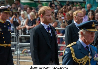 London, United Kingdom - September 14 2022: Prince Harry  Is Seen Following The Coffin Queen Elizabeth II  On The Mall On Its Way From Buckingham Palace  To Westminster Hall. 