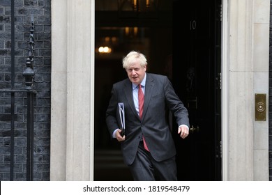 London / United Kingdom - September 22 2020: British prime minister Boris Johnson leaves Number 10, Downing Street to update House of Commons about new Covid-19 restrictions.