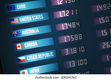London, United Kingdom - September 25, 2011 : Currency exchange board showing exchange rates for various countries and currencies.