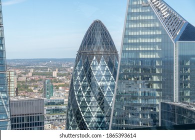 LONDON, UNITED KINGDOM - SEPTEMBER 28th 2020: Aerial View Of The Top Of The Gherkin Building In London