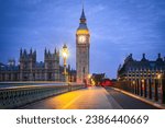 London, United Kingdom. Westminster Bridge, Big Ben and House of Commons building in background, travel english landmark at blue hour.