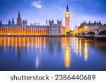 London, United Kingdom. Westminster Bridge, Big Ben and House of Commons building in background, travel english landmark at blue hour.