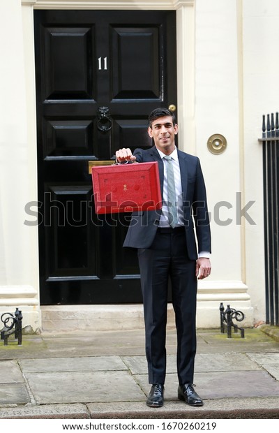 London, United\
Kingdom-March 11, 2020: Rishi Sunak, Chancellor of the Exchequer,\
leaves No.11 Downing Street to present his budget at the House of\
Commons in London, UK.