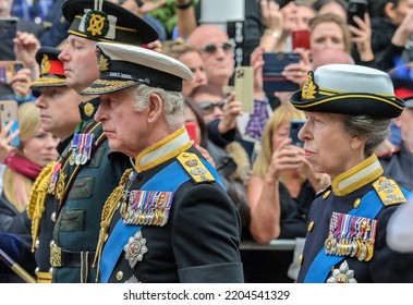 London, Westminster, UK, 19th September 2022. Queen Elizabeth II State Funeral Procession. King Charles III And Anne, Princess Royal.




