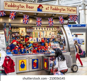 LONDON,ENGLAND - AUGUST 20 2014: Kiosk of Paddington Bear at Paddington railway station in London