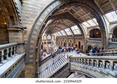 London,England,UK-August 21 2019: From above Romanesque stairs,along Hintz Hall,the skeleton of a female Blue Whale named Hope,hangs above the entrance in the distance,on a busy summer afternoon.