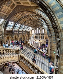 London,England,UK-August 21 2019: From above Romanesque stairs,along Hintz Hall,the skeleton of a female Blue Whale named Hope,hangs above the entrance in the distance,on a busy summer afternoon.