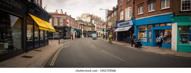 London-January, 2021:  Barnes in south west London, panoramic view of Barnes High Street