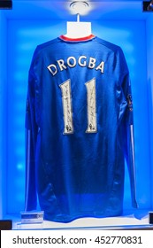 LONDON,THE UK-CIRCA MAY 2016: Didier Drogba Shirt In FC Chelsea Museum