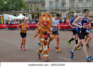 London/UK 04/23/17 Virgin London Marathon 2017 A Female Runner Is Dressed As A Gingerbread Man And Running For CRPS Awareness. Pictured Less Than 200 Yards From The Finish Line