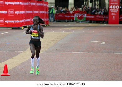 London/UK 04/28/19 Virgin Money London Marathon 2019 Vivian Cheruiyot (KENYA)  the runner up in the Elite Women event pictured about 350 yards from the finish line