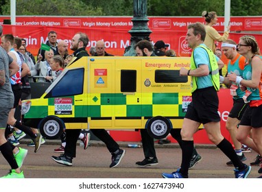 London/UK 04/28/19 Virgin Money London Marathon 2019 Two Male Staff From The London Ambulance Service Near The Finish Line By Buckingham Palace 58060