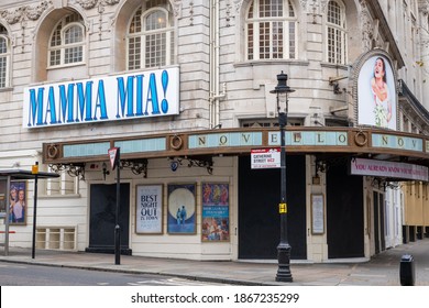 London.UK- 12.02.2020: Exterior View Of The Novello Theatre In The Strand Showing Its Name Signs And Advertised Show. Shutdown Due To Covid-19 Pandemic Lockdown.