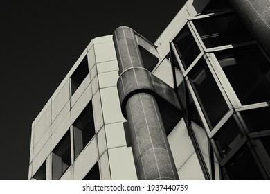 London\UK : 13 March 2021:Black And White Monochrome Exterior Of 1980s Office Building With Graded High Contrast