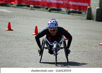 London/UK 4/22/18 Virgin London Marathon 2018. Ryota Yoshida (JPN) 350 Yards From The Finish Line .VMLM Wheelchair Race (T53/T54)