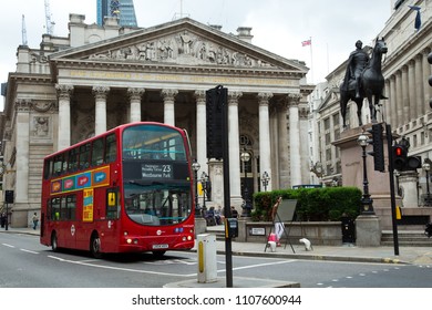 LONDON-UK, 5 June 2017: Red Double Deck Bus In Front Of The Royal Exchange In London. It Is One Of The World’s Oldest Stock Exchanges In The World And Can Trace Its History Back More Than 300 Years 