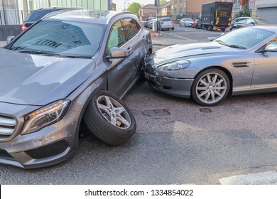 London/UK - 5/7/16
Road Traffic Accident Involving Luxury Cars.