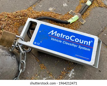 London,UK- April 26, 2021: Metrocount Vehicle Classifier System On The Road In London. MetroCount Is The World Leader In Traffic Data Collection And Analysis.