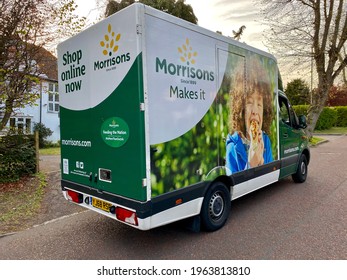 London,UK- April 26, 2021: A Morrisons Grocery Home Delivery Lorry Parked At The Side Of A Street. 