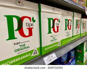London,UK- August 10, 2021：Packets of PG tips tea displayed on the shelves in a supermarket.PG Tips is a brand of tea in the United Kingdom manufactured by Unilever UK.
