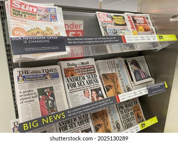 London,UK- August 10, 2021：Newspaper Stand In A Supermarket.