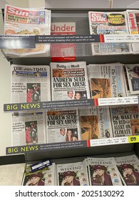 London,UK- August 10, 2021：Newspaper Stand In A Supermarket.