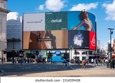 LONDON,UK - AUGUST 19,2019 : Billboards At Piccadilly Circus, A Worldwide Famous London Landmark