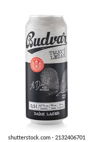 LONDON,UK - FEBRUARY 01,2022: Budvar Dark Lager Czech Beer On White.