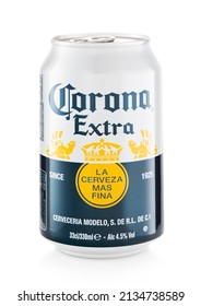 LONDON,UK - FEBRUARY 01,2022: Corona Extra Mexican Lager Beer In Aluminium Can On White.