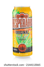 LONDON,UK - FEBRUARY 12,2022: Desperados mexican rbeer with tequila on white.