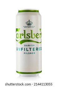 LONDON,UK - FEBRUARY 14,2022: Unfiltered Carlsberg pilsner beer on white.