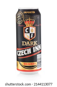 LONDON,UK - FEBRUARY 15,2022: Dark Lager Czech Inn Imported Beer On White.