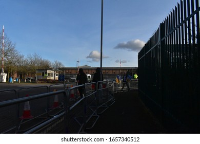 London/UK - February 26 2020: Entrance To Woolwich Crown Court Gated With Barriers To Control Protesters At Julian Assange Extradition Court Hearing.